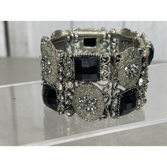 Silver Tone Flexible Metal Boho Wide Gothic Cuff Bracelet Rhinestones - Picture 2 of 5